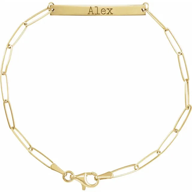 14K Gold Engravable Bar 7" Paperclip Bracelet