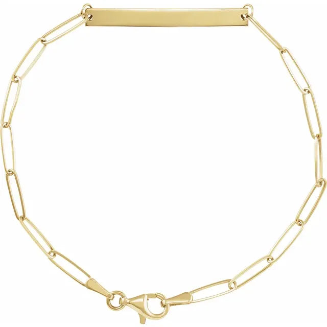 14K Gold Engravable Bar 7" Paperclip Bracelet