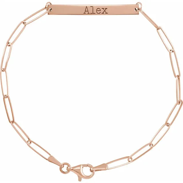 14K Gold Engravable Bar 7" Paperclip Bracelet