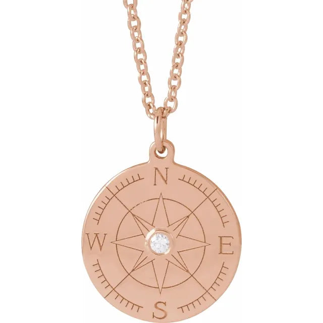 14K Gold Natural Diamond Compass 16-18" Necklace