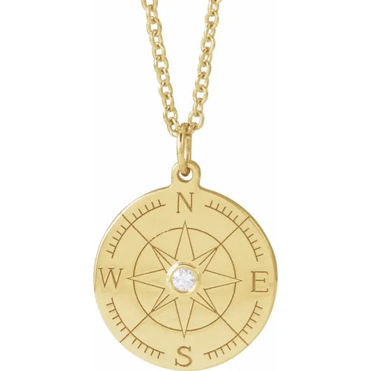 14K Gold Natural Diamond Compass 16-18" Necklace