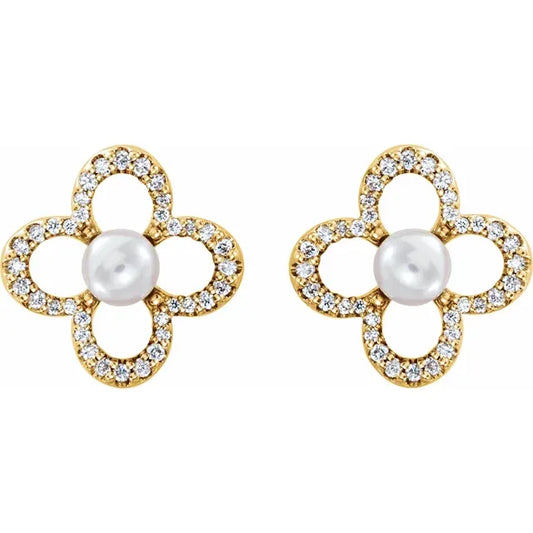 14K Gold Diamond Clover Earrings with Cultured Freshwater Pearl