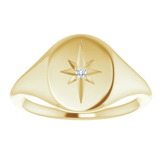 14K Gold Oval Natural Diamond Starburst Signet Ring