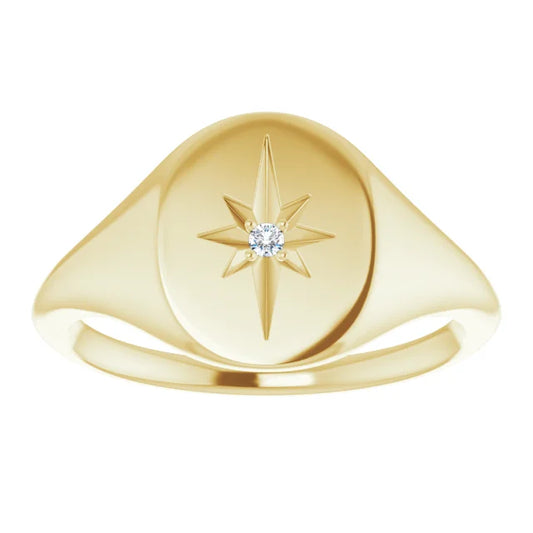 14K Gold Oval Natural Diamond Starburst Signet Ring