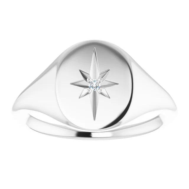 14K Gold Oval Natural Diamond Starburst Signet Ring