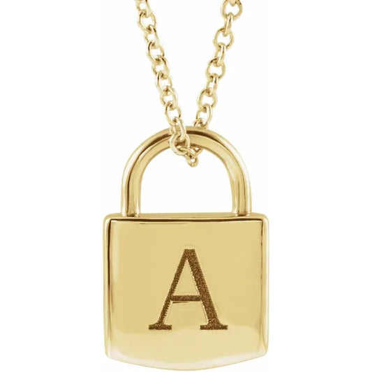 14K Gold Engravable Initial Lock 16-18" Necklace