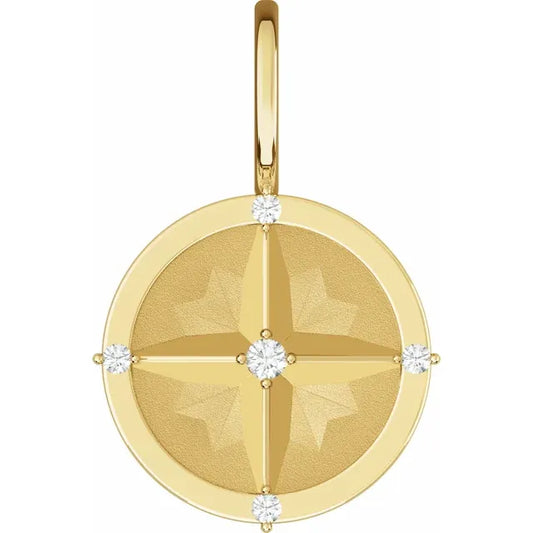 14K Gold Natural Diamond Compass Pendant