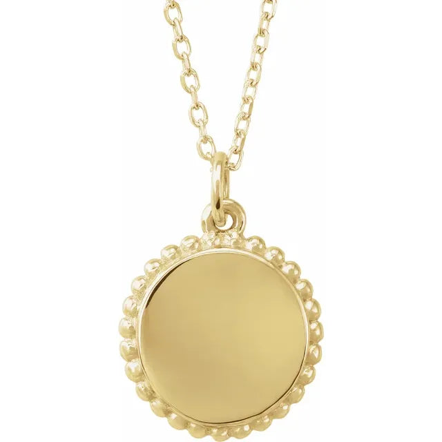 14K Gold Engravable Beaded Disc Pendant