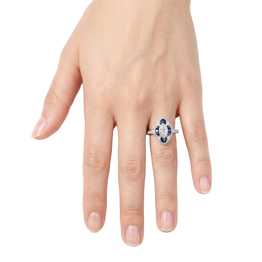 18KW Marquise Diamond and Sapphire Deco Ring