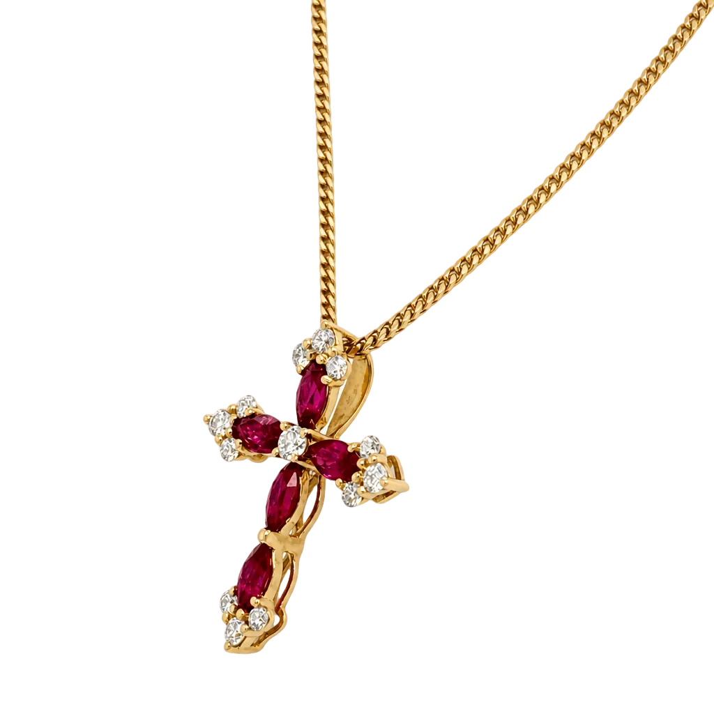 18KY Ruby Diamond Cross Pendant
