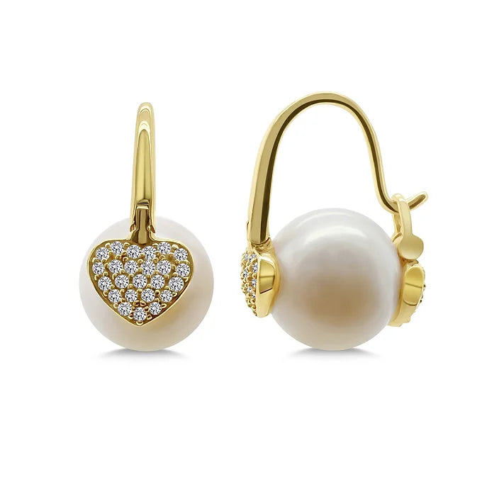 14K Diamond Heart Pearl Drop Earring