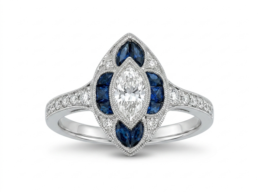 18KW Marquise Diamond and Sapphire Deco Ring