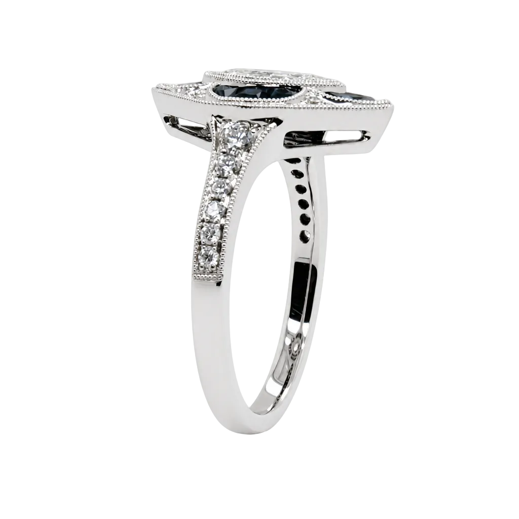18KW Marquise Diamond and Sapphire Deco Ring