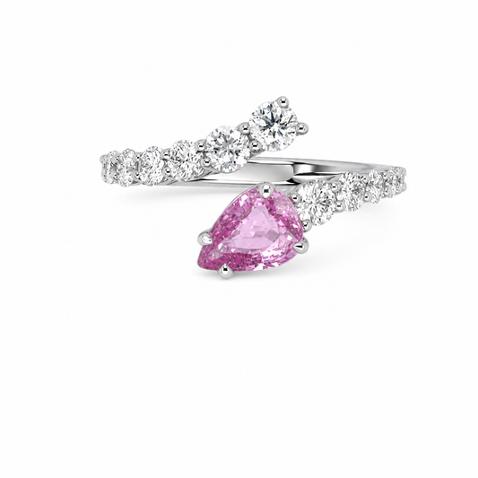 18KW Pink Pear Shaped Sapphire & Diamond Bypass Ring