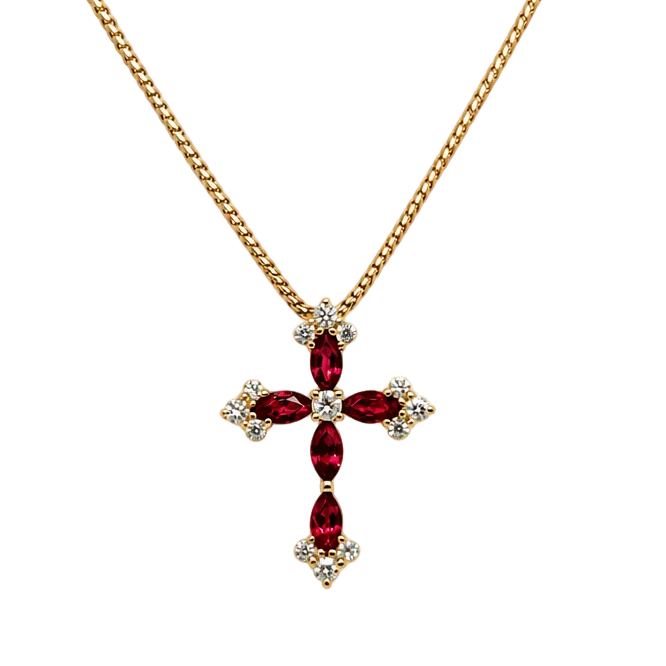 18KY Ruby Diamond Cross Pendant