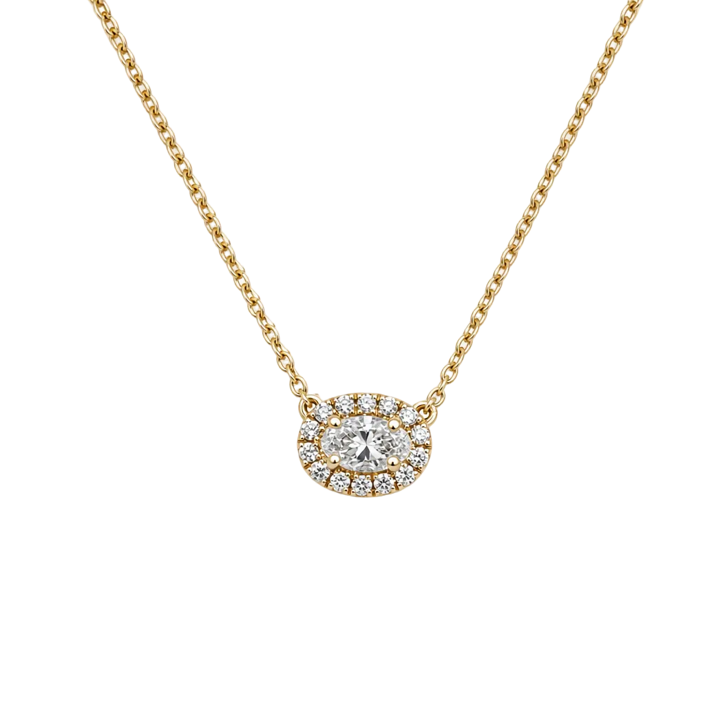 14KY Oval Halo Diamond Necklace