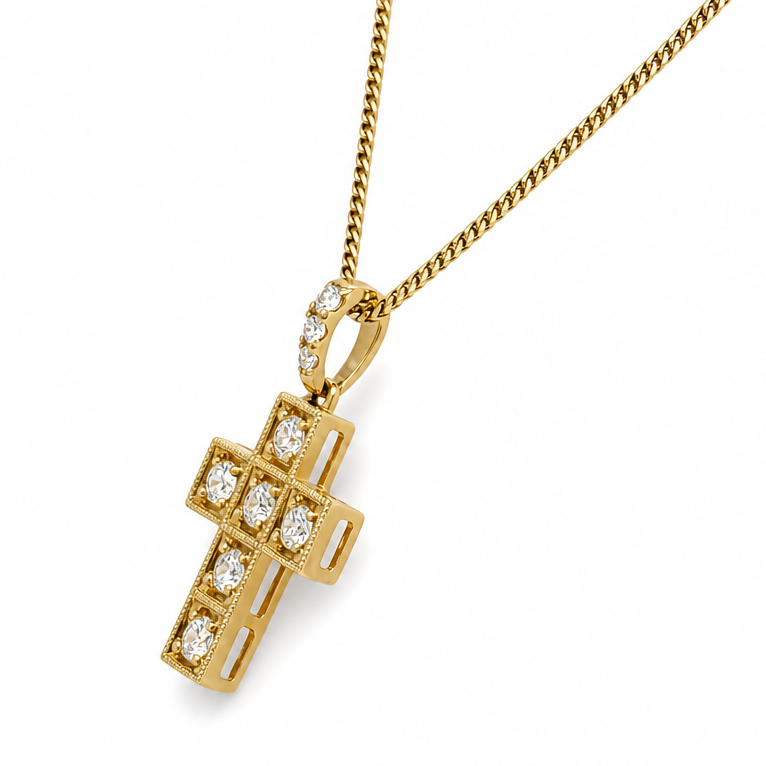 14KY Block Diamond Cross Pendant