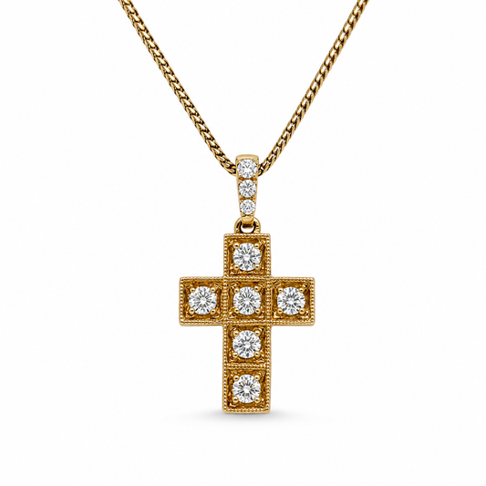 14KY Block Diamond Cross Pendant