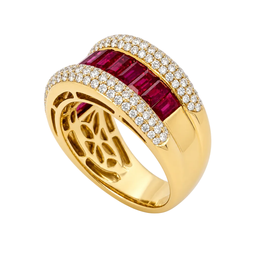 14KY Ruby & Diamond Pave Baguette Band