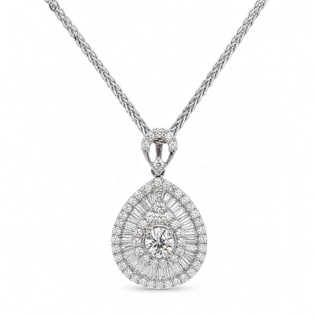 18KW Diamond Baguette and Round Pear Pendant