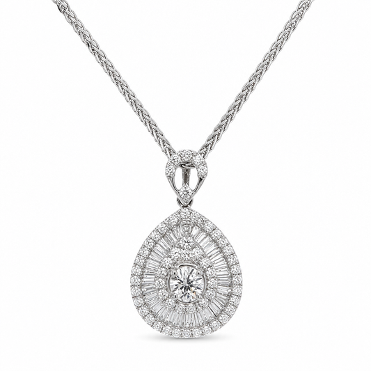 18KW Diamond Baguette and Round Pear Pendant
