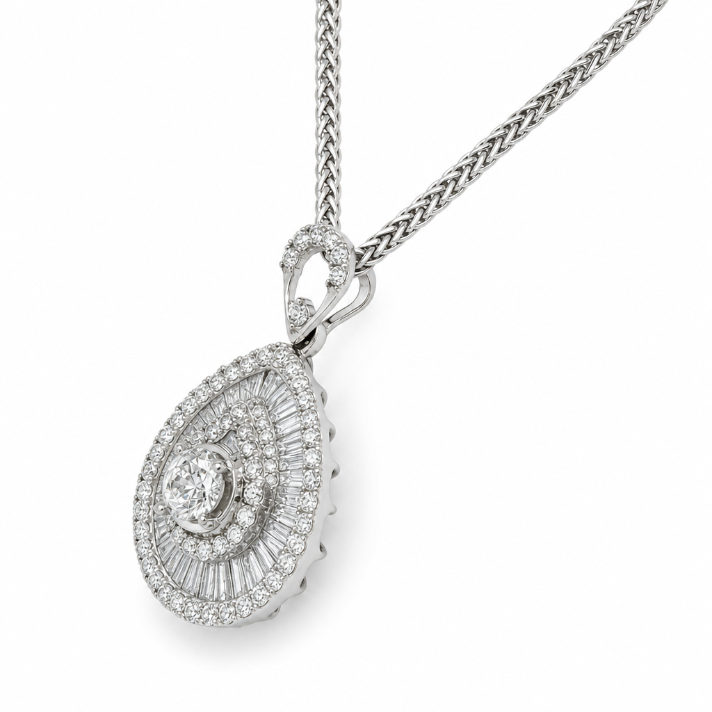 18KW Diamond Baguette and Round Pear Pendant