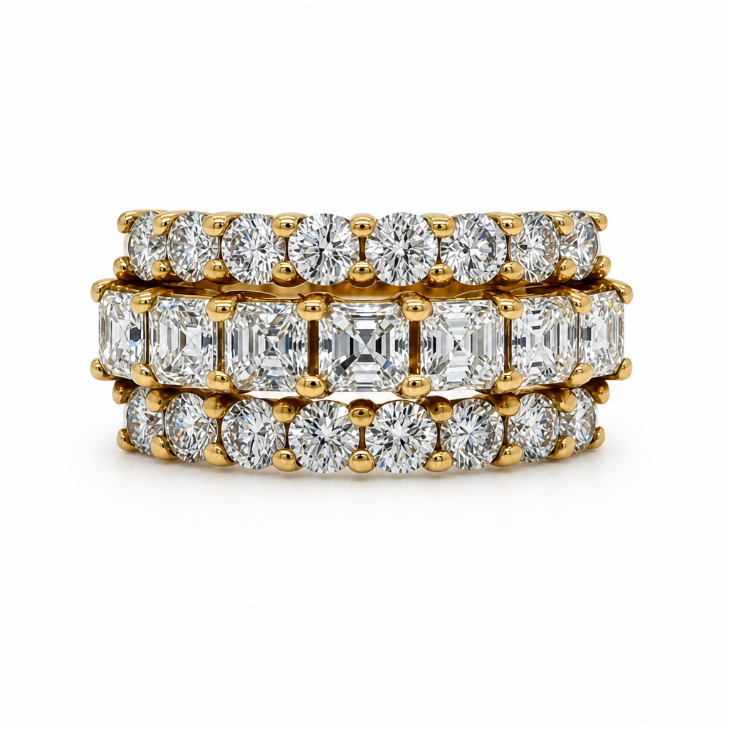 18KY 3 Row Round & Princess Cut Diamond Band