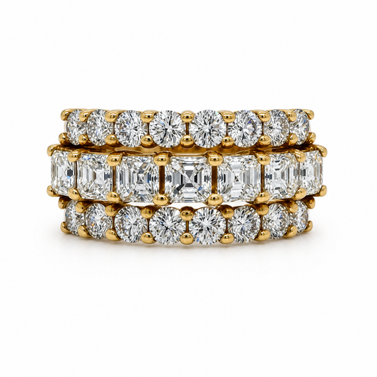 18KY 3 Row Round & Princess Cut Diamond Band