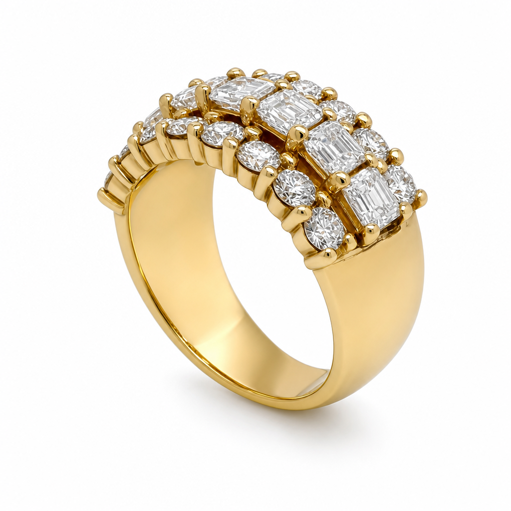 18KY 3 Row Round & Princess Cut Diamond Band