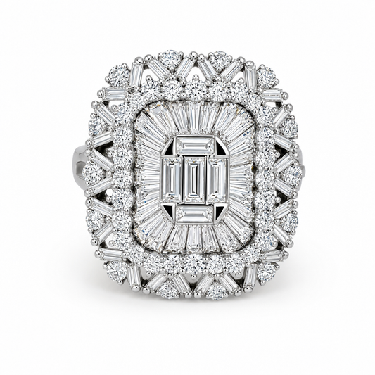 18KW Large Rectangular Round & Baguette Ring