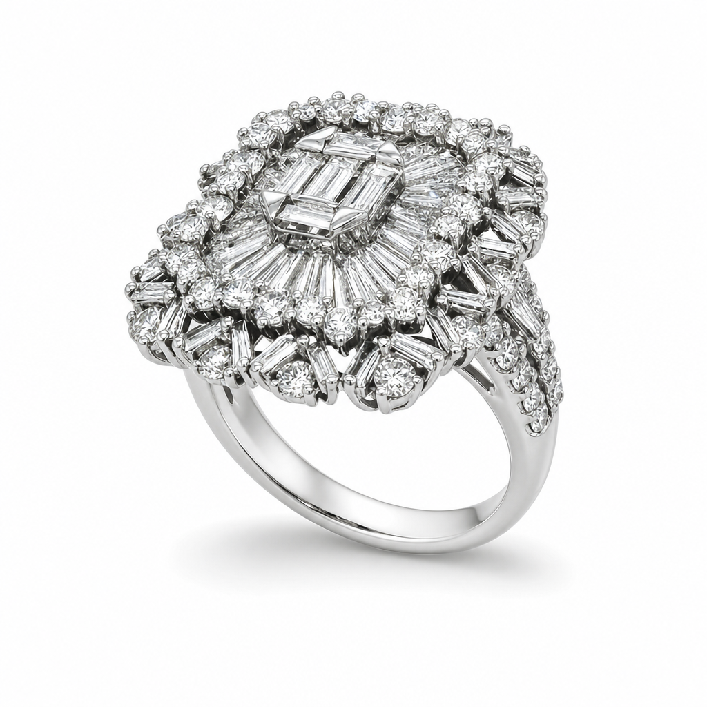 18KW Large Rectangular Round & Baguette Ring